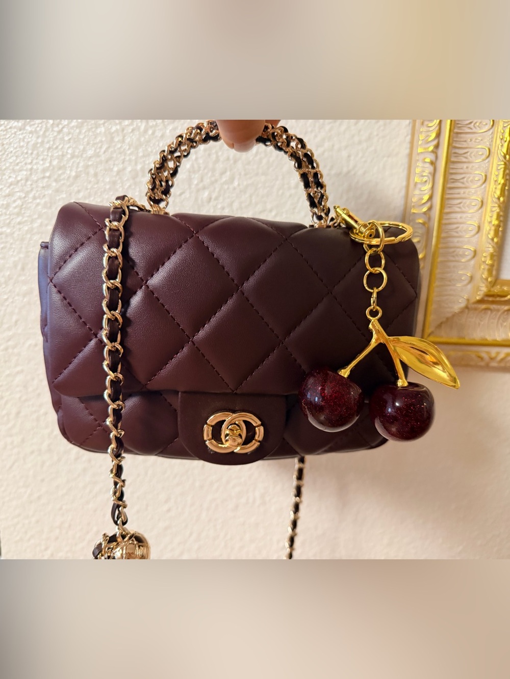 Quilted Mini Crossbody with top handle in Deep Plum burgandy with 🍒charm